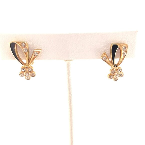 Petite Screw Back Earrings Circa 1950 Black Enamel Gold Tone Metal - Picture 8 of 9